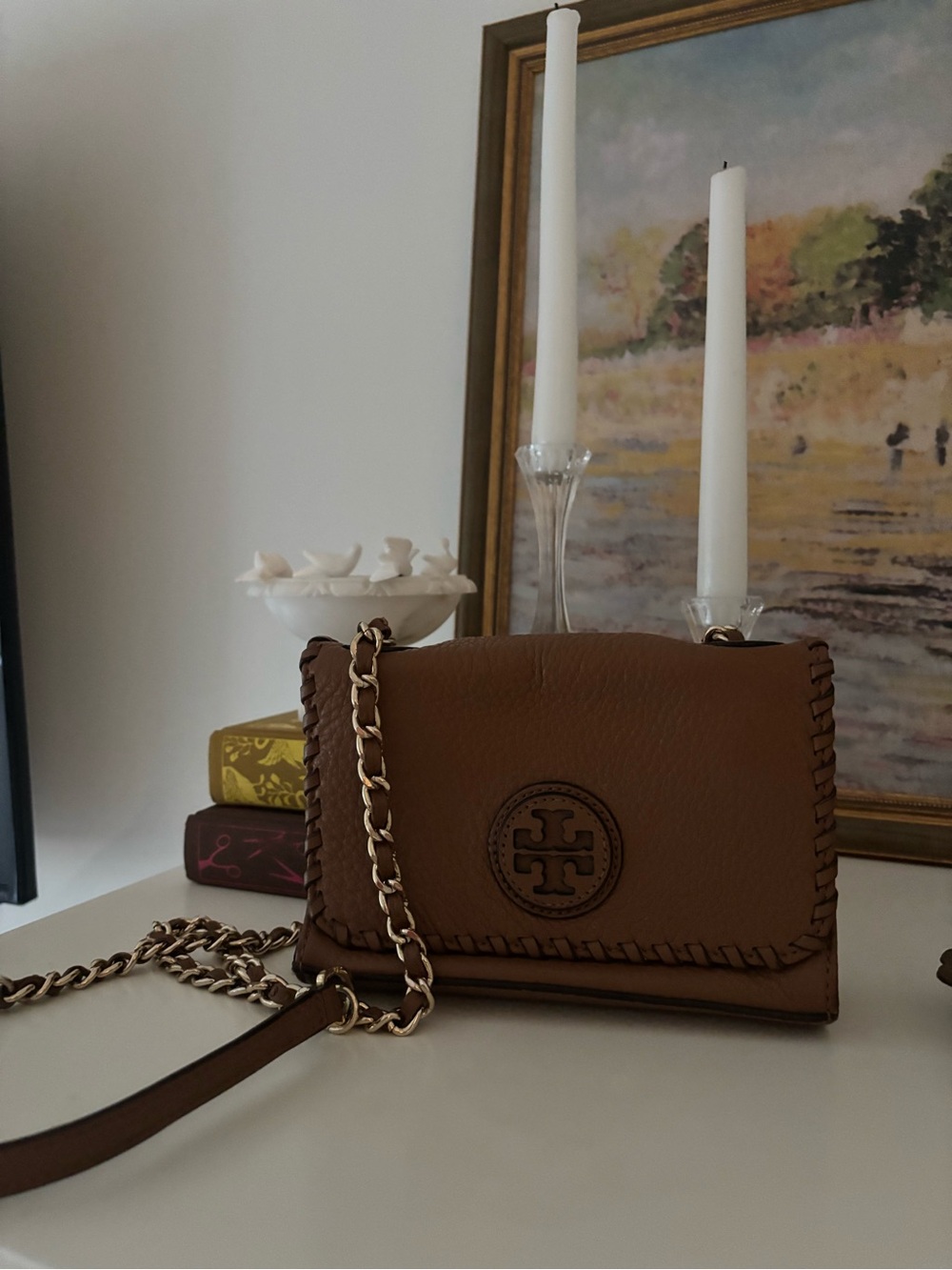 Authentic Tory Burch Leather Crossbody Wallet Bag | Brown, Gold Hardware